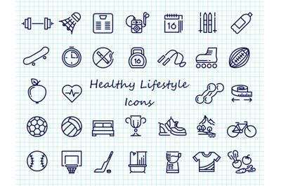 Healthy lifestyle outline icons - big set sport icons