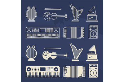 Line and silhouette classic music instruments icons