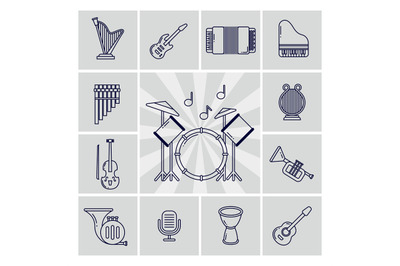 Linear musical instruments vector icons set