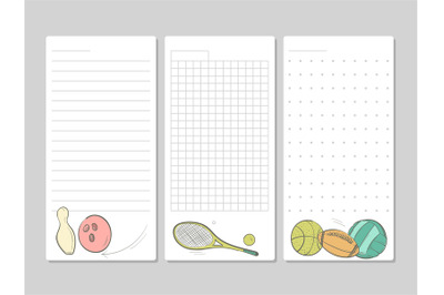 Pages for notes&2C; memo or to do lists with doodle sport equipment