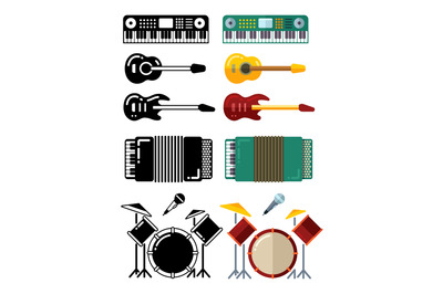 Music instruments&2C; flat silhouettes icons isolated on white background