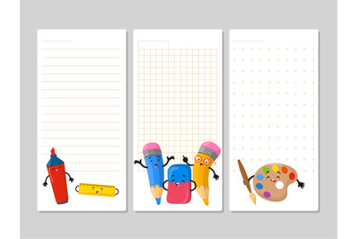 Notepad pages with cute cartoon pencils eraser marker