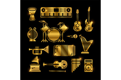 Shiny golden classic music instruments&2C; silhouettes vector icons