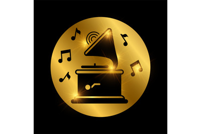 Black shiny gramophone and music notes on gold