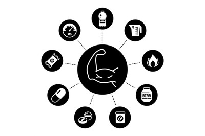 Sport supplements power, protein and vitamin sports nutrition icons