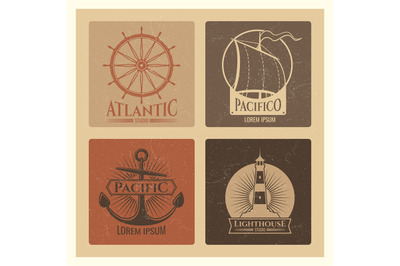 Vintage nautical labels with light house&2C; sea boat and anchors