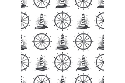 Marine nautical seamless pattern design with vintage lighthouse and wh