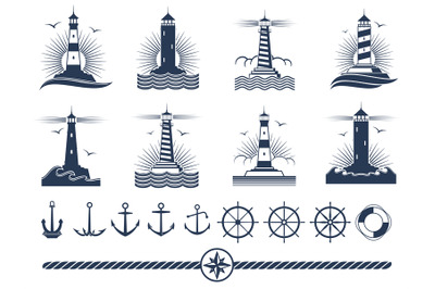 Nautical logos and elements set - anchors lighthouses rope