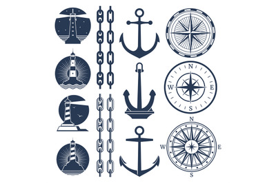 Nautical logos and elements set - compass lighthouses anchor chains