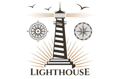 Sea nautical lighthouse and vintage compasses emblem