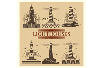 Vintage lighthouses logos vector set