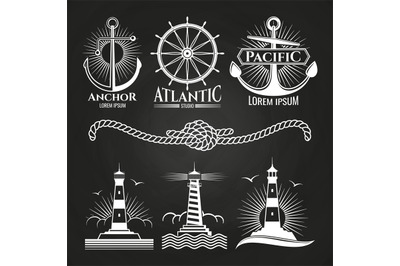 Vintage marine nautical logos and emblems with lighthouses anchors rop