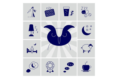 Insomnia problems vector icons set