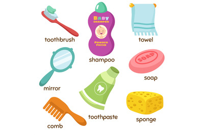 Cartoon bathroom accessories vocabulary vector icons. Mirror, towel, s