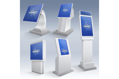Information interactive kiosk displays. Touchscreen stands vector temp
