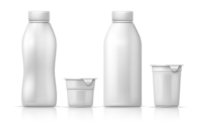 White blank round plastic yogurt can&2C; container and bottles. Vector pa