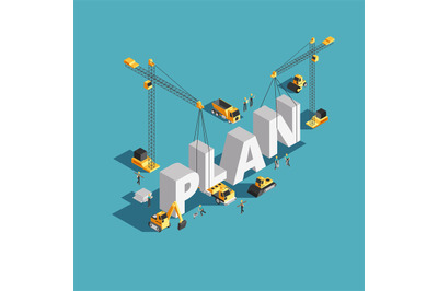 Business plan creation 3d isometric vector concept with workers and co