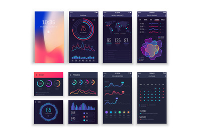 Mobile application UI and Smartphone UX vector templates with charts a