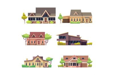 Private residential cottage houses icons. Colored flat vector illustra
