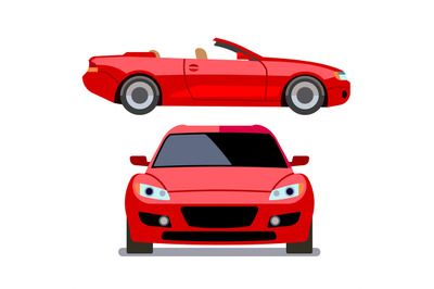 Vector flat-style cars in different views. Red cabriolet