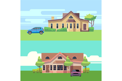 Vector horizontal banners with houses with cars. Flat vector illustrat