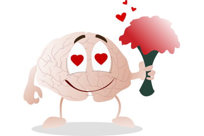 Brain love, character with bouquet flowers