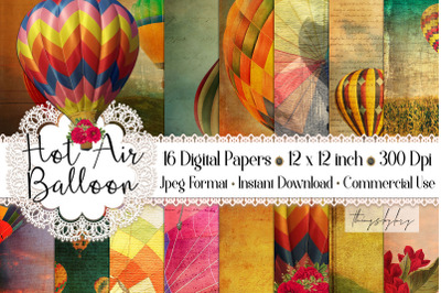 16 Antique Hot Air Balloons Travel Journal Digital Papers