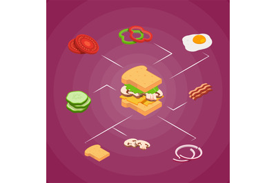 Vector isometric burger ingredients infographic concept illustration