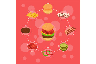 Vector isometric burger ingredients infographic breakfast bun