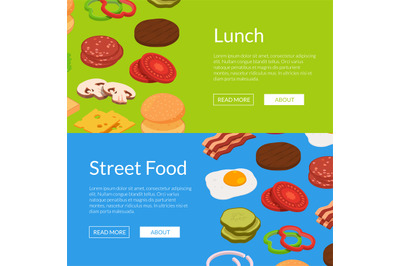 Vector isometric burger ingredients web banner templates illustration