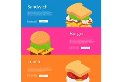 Vector isometric burger with ingredients banner illustration