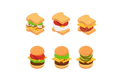 Vector isometric burger and sandwich types set illustration