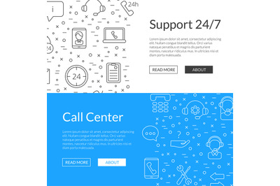 Vector line call support center icons web banner templates illustratio