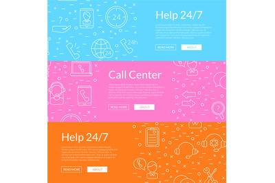 Vector line call support center icons web banner templates illustratio