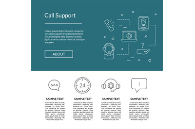 Vector line call support center icons landing page template illustrati