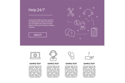 Vector line call support center icons landing page template illustrati