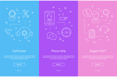 Vector line call support center icons smartphone illustration