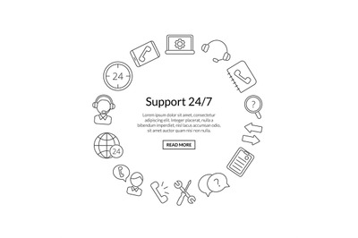 Vector line call support center icons in circle