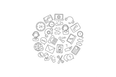 Vector line call support center icons in circle shape illustration