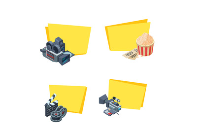 Vector cinematograph isometric elements stickers set illustration