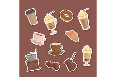 Vector cartoon coffee types stickers set illustration