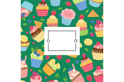 Vector cute cartoon muffins or cupcakes background with place for text