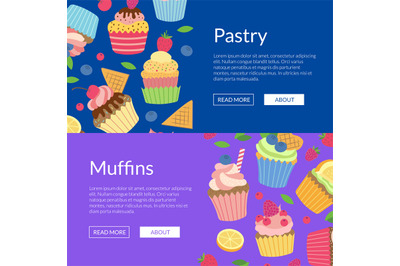 Vector cute cartoon muffins or cupcakes web banner templates illustrat