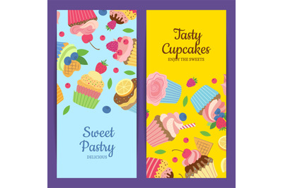 Vector cute cartoon muffins or cupcakes web banner templates illustrat