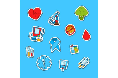 Vector colored diabetes icons stickers set illustration