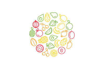 Vector line fruits icons in circle shape illustration