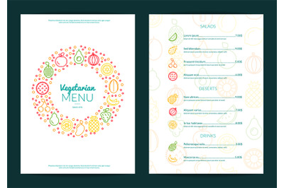 Vector line fruits icons vegan cafe or restaurant menu template illust