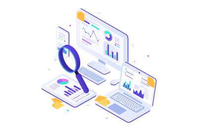 Online financial audit. Isometric website metrics, statistical graphs