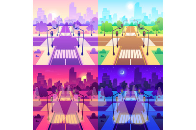 Crossroad with crosswalk. Road traffic intersection, daytime cityscape