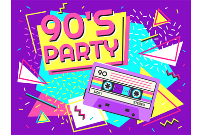 Retro party poster. Nineties music&2C; vintage tape cassette banner and 9